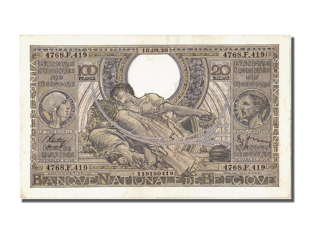 Belgium, 100 Francs-20 Belgas, 1938, KM #107, 1938-09-10, AU(55-58), 4768.F.419