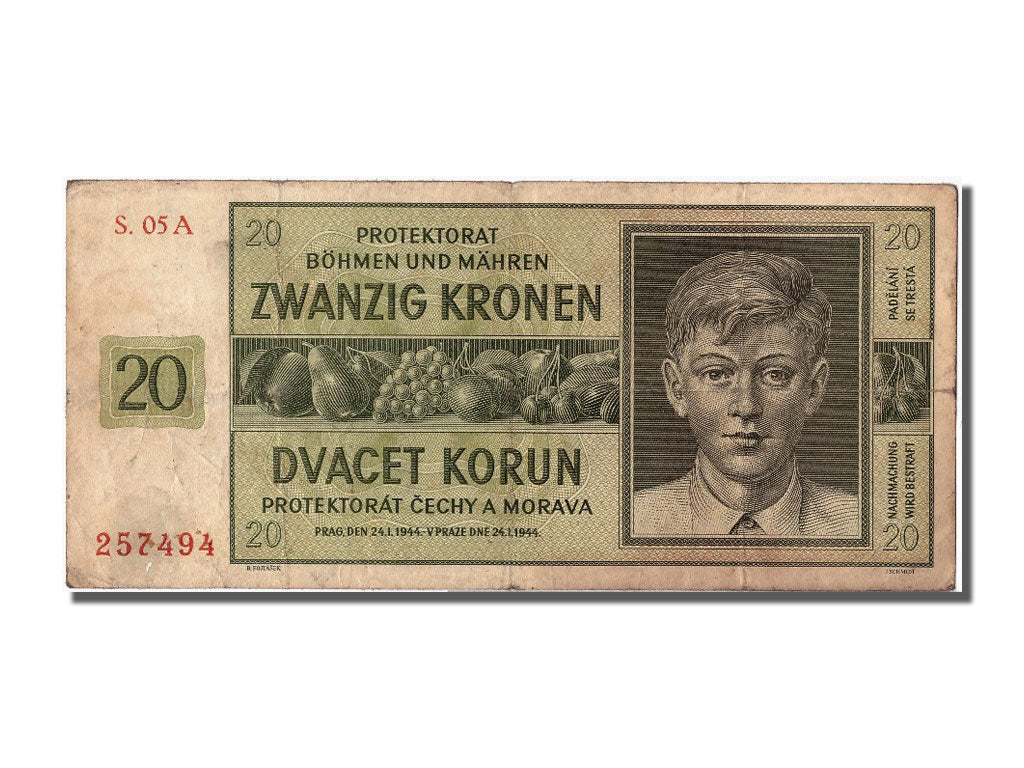 Bohemia and Moravia, 20 Korun, 1944, KM #9a, 1944-01-24, VF(20-25), S.05A 257494