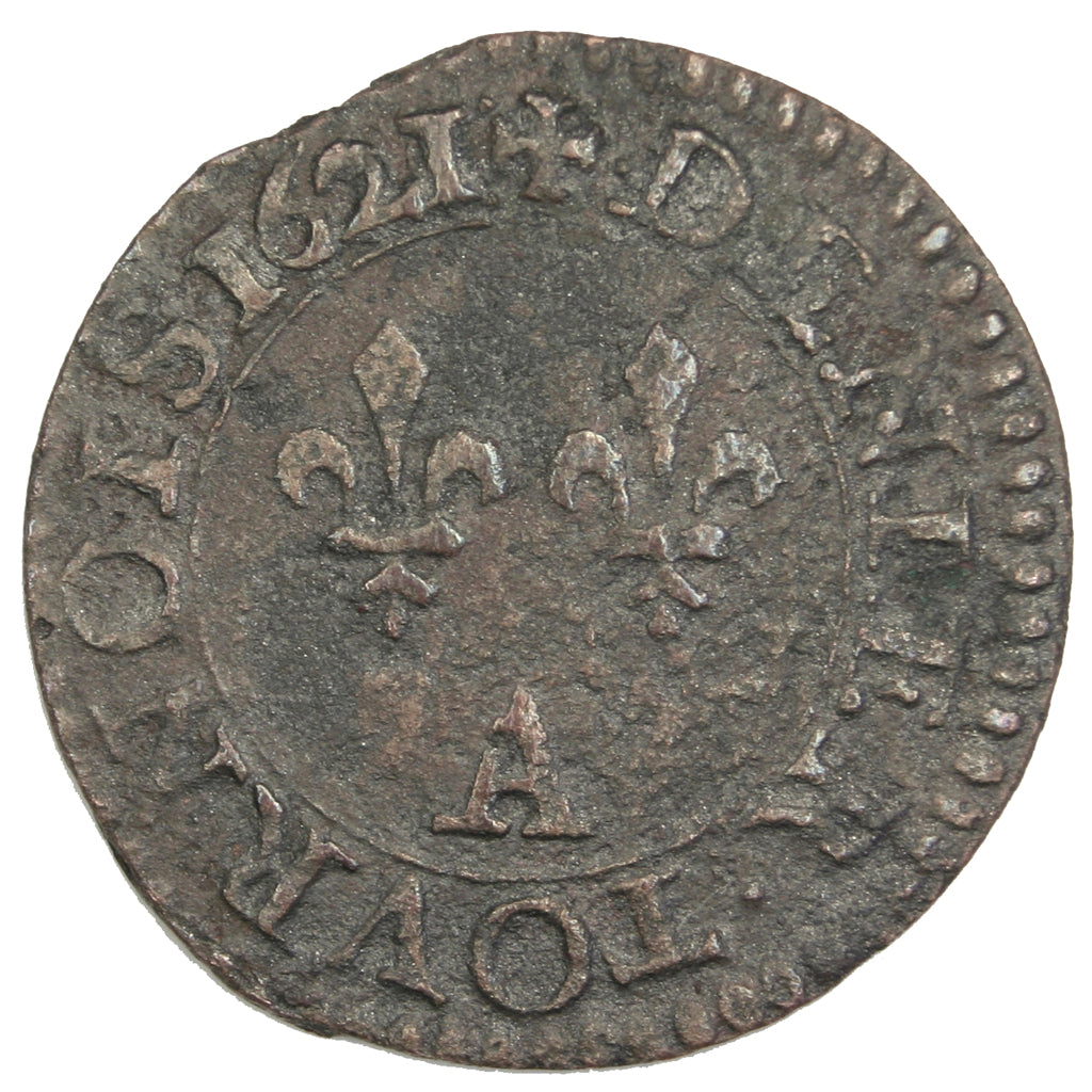 FRANCE, Denier Tournois, 1621, Paris, EF(40-45), Copper, CGKL #402, 1.32