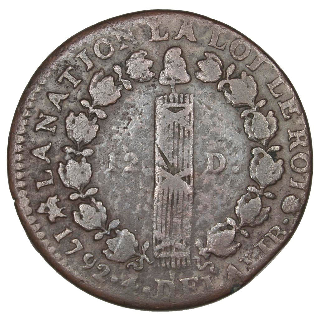 FRANCE, 12 deniers françois, 12 Deniers, 1792, Rouen, KM #600.3, VF(30-35), B...