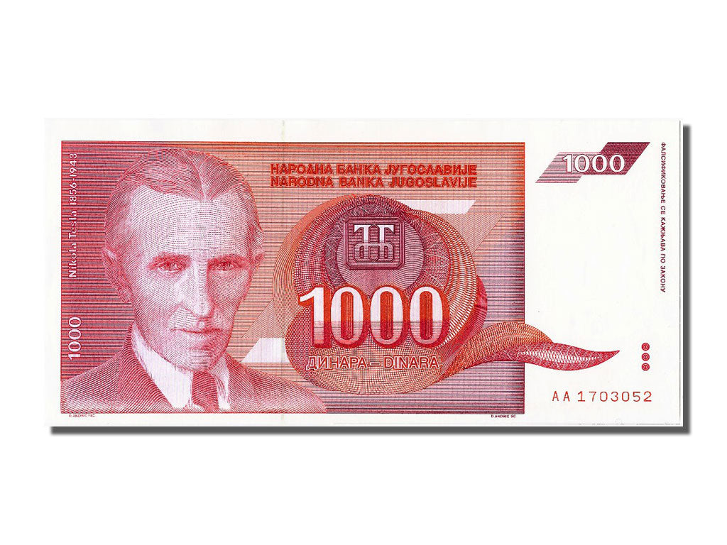 Banconote, Iugoslavia, 1000 Dinara, 1992, FDS