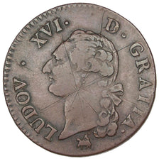 FRANCE, Sol ou sou, Sol, 1791, Rouen, KM #578.3, VF(30-35), Copper, Gadoury...