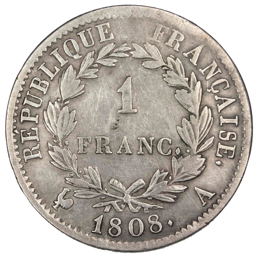 FRANCE, Napoléon I, Franc, 1808, Paris, KM #682.1, EF(40-45), Silver, Gadoury #.