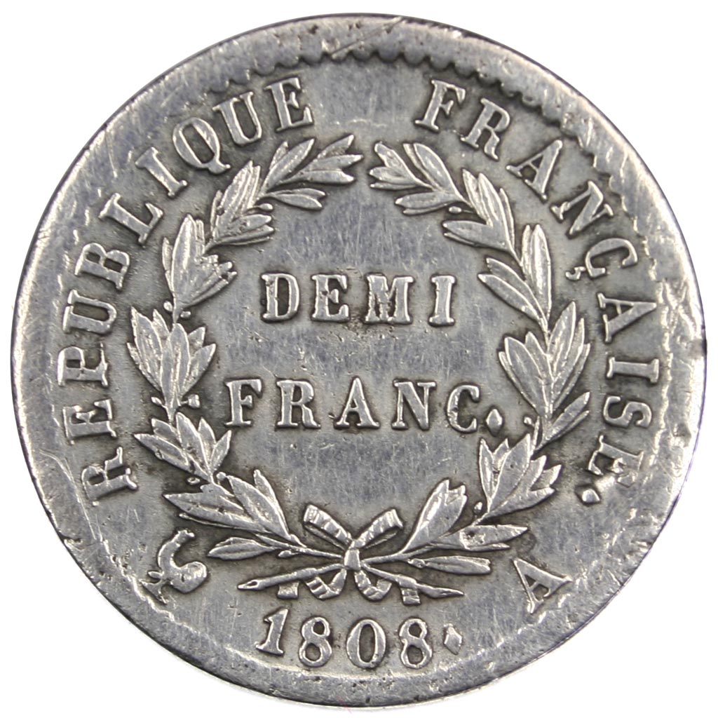 FRANCE, Demi Franc, 1808, Paris, EF(40-45), Silver, Gadoury #398, 2.46