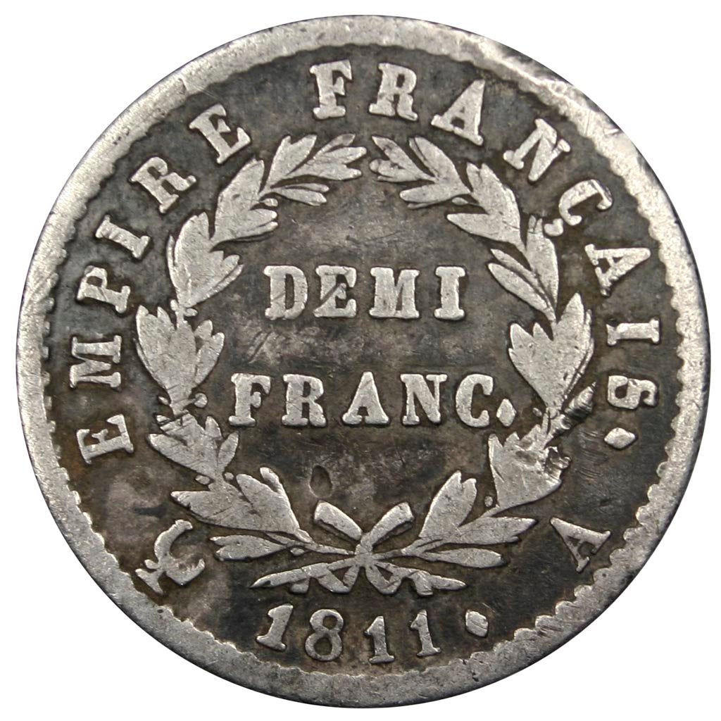 FRANCE, Napoléon I, 1/2 Franc, 1811, Paris, KM #691.1, VF(30-35), Silver, Gadour