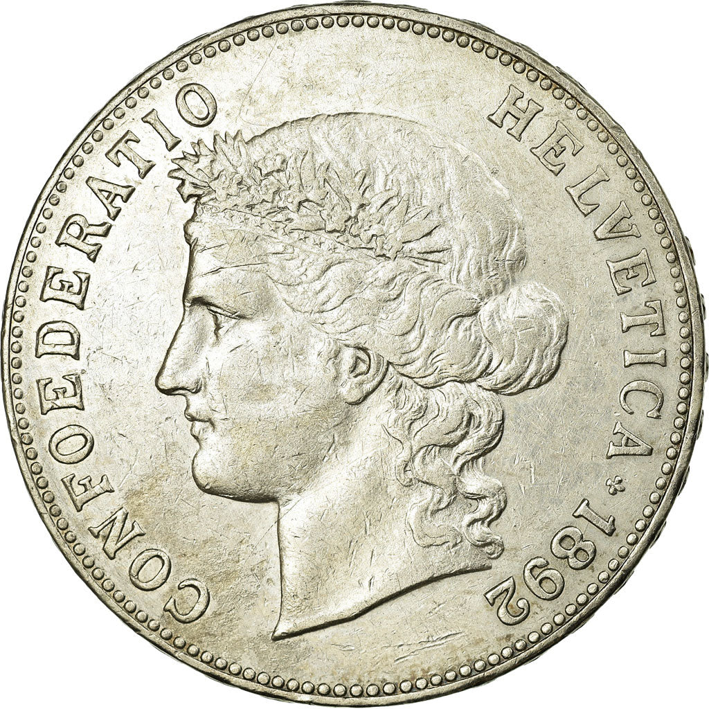 Moneta, Szwajcaria, 5 Francs, 1892, Bern, AU(50-53), Srebro, KM:34