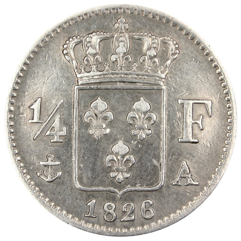 FRANCE, Charles X, 1/4 Franc, 1826, Paris, KM #722.1, EF(40-45), Silver,...