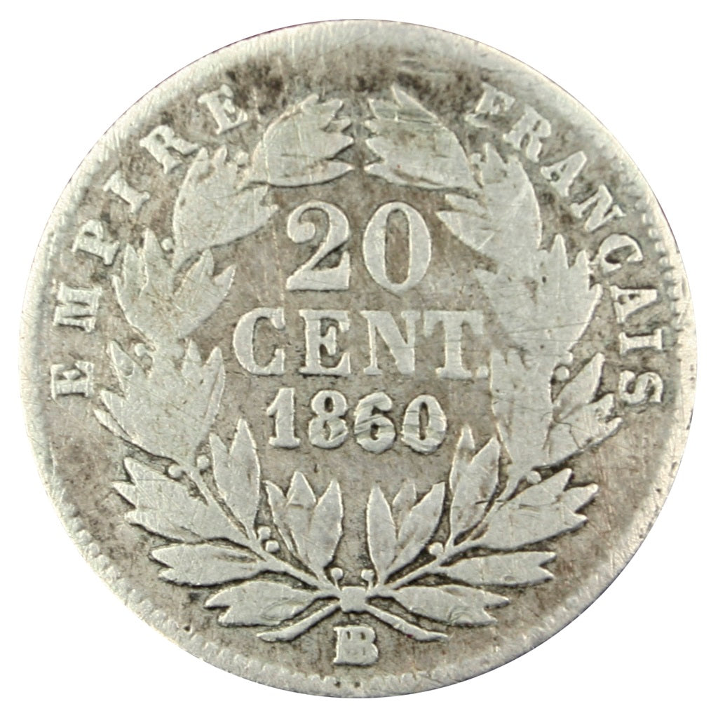 FRANCE, Napoléon III, 20 Centimes, 1860, Strasbourg, KM #778.2, F(12-15), Silver