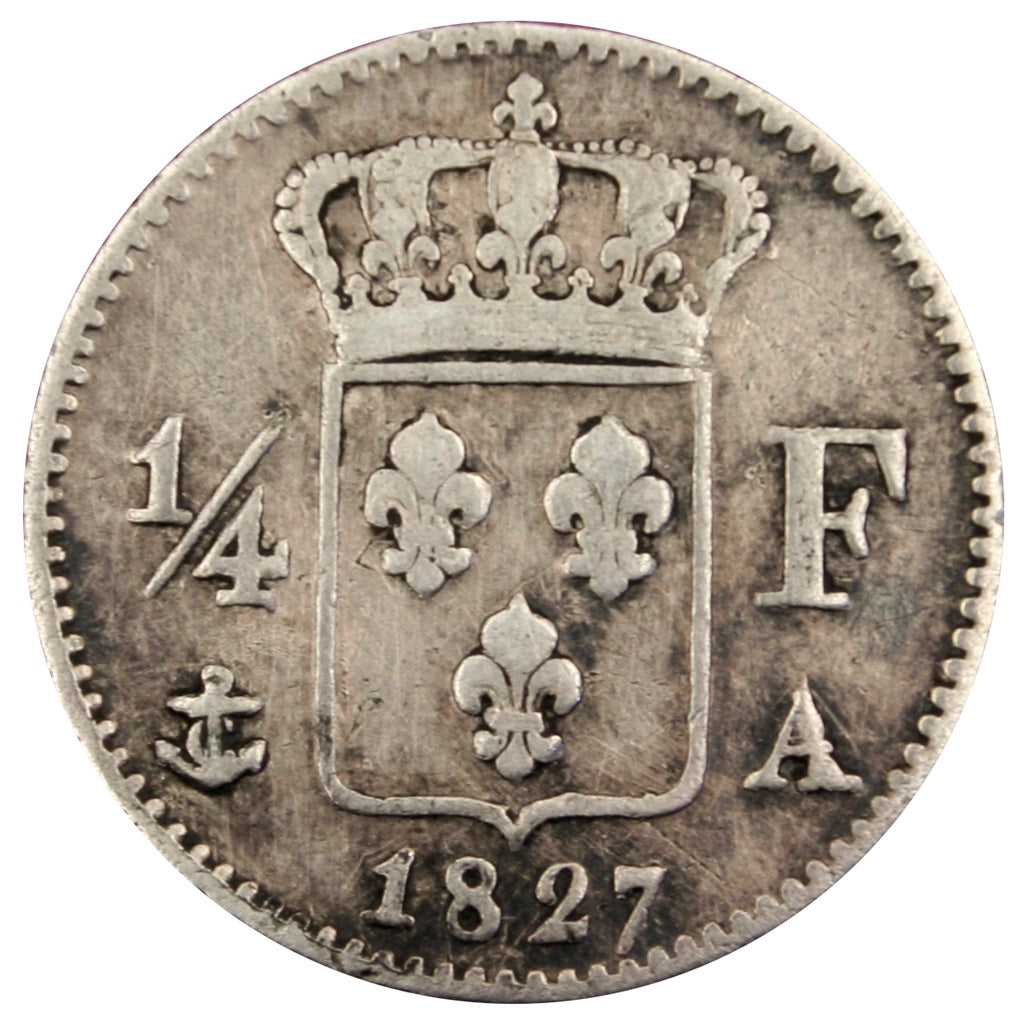 FRANCE, Charles X, 1/4 Franc, 1827, Paris, KM #722.1, VF(30-35), Silver,...