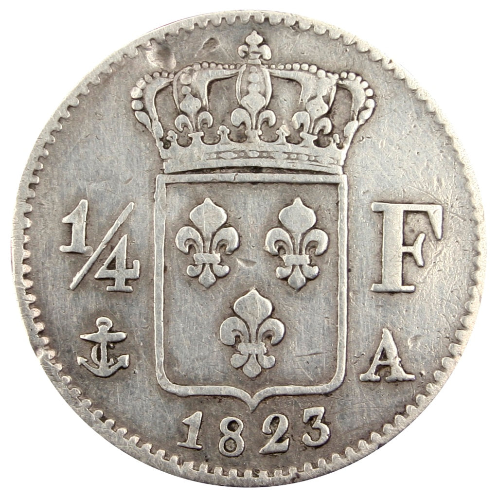 FRANCE, Louis XVIII, 1/4 Franc, 1823, Paris, KM #714.1, VF(20-25), Silver,...