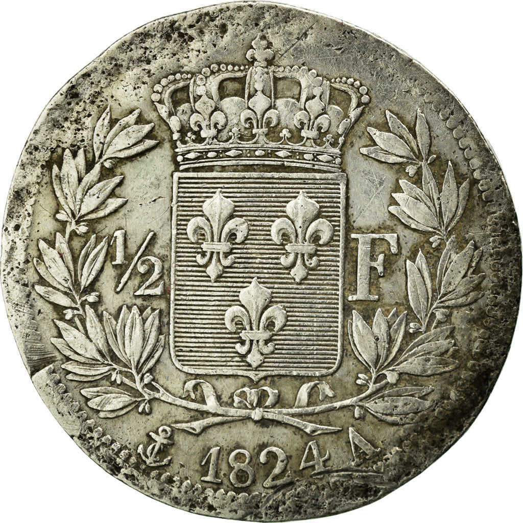 FRANCE, Louis XVIII, 1/2 Franc, 1824, Paris, KM #708.1, VF(30-35), Silver,...
