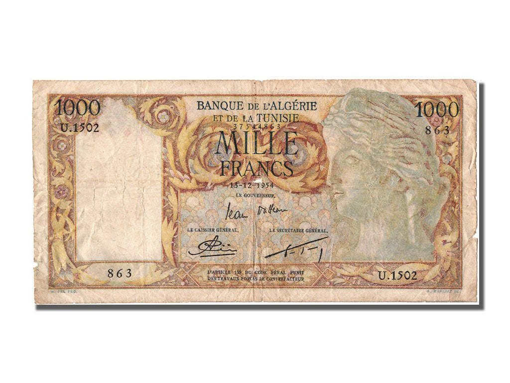 Algeria, 1000 Francs, 1954, KM #107b, 1954-12-13, VF(20-25), U.1502 863