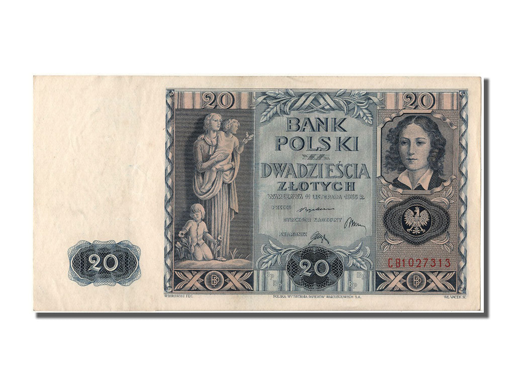 Poland, 20 Zlotych, 1936, KM #77, 1936-11-11, AU(55-58), CB1027313