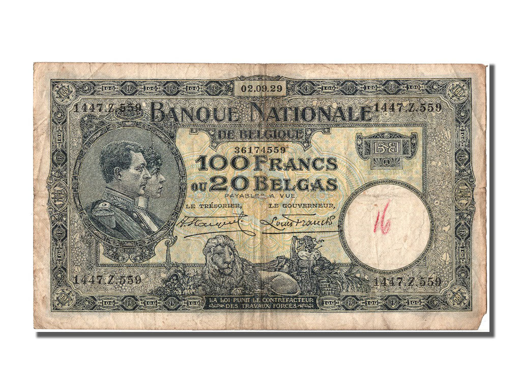 Banconote, Belgio, 100 Francs-20 Belgas, 1929, 1929-09-02, MB