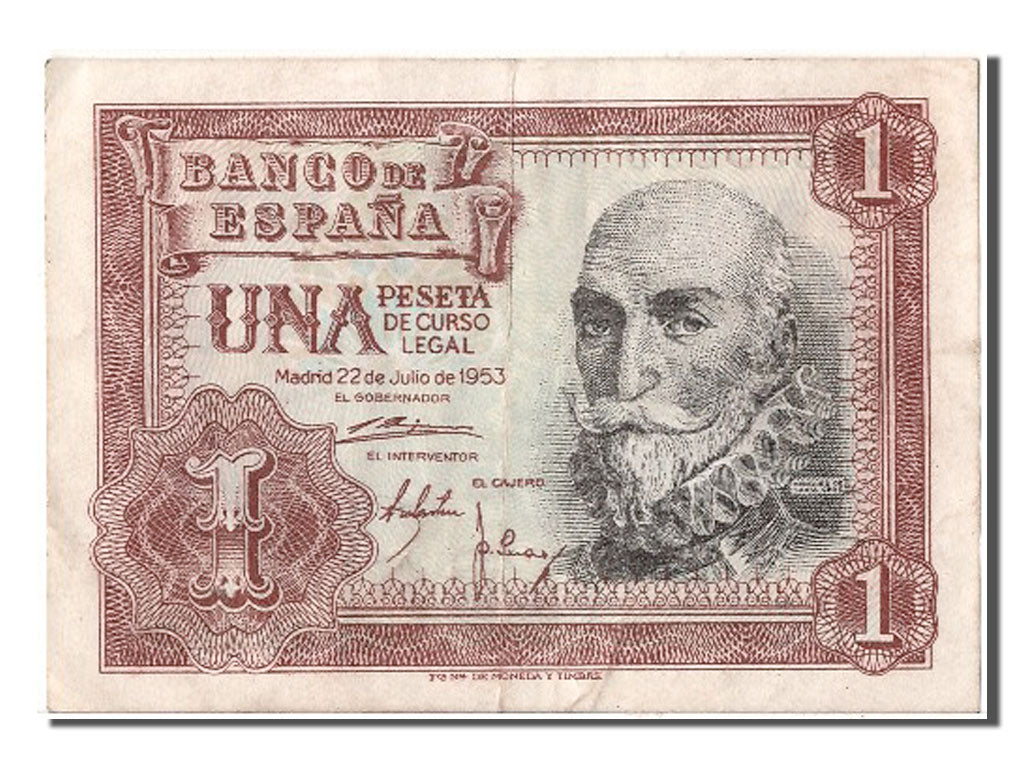 Spain, 1 Peseta, 1953, KM #144a, 1953-07-22, AU(50-53), G9095553