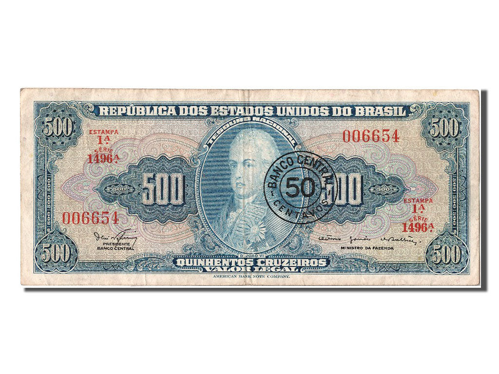 Brazil, 50 Centavos on 500 Cruzeiros, KM #186a, EF(40-45), 1A 1496A 006654