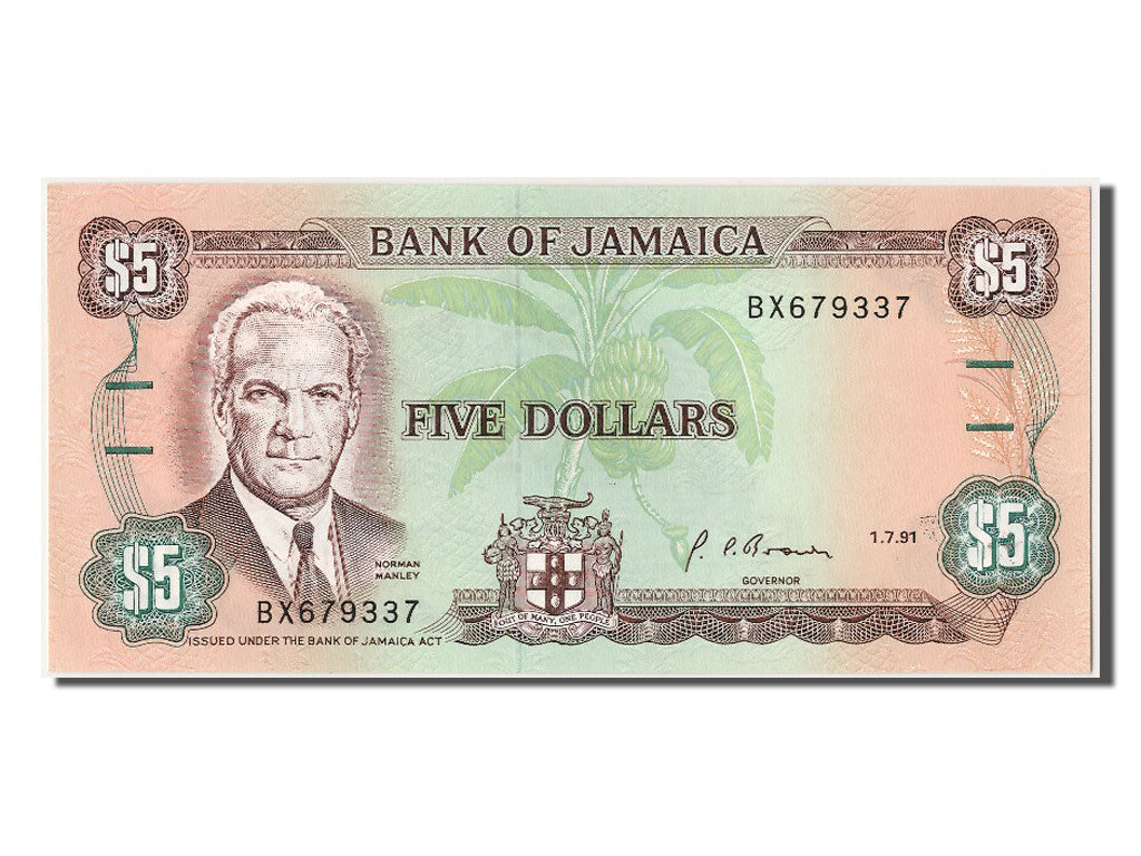 Jamaica, 5 Dollars, 1991, KM #70d, 1991-07-01, UNC(65-70), BX679337