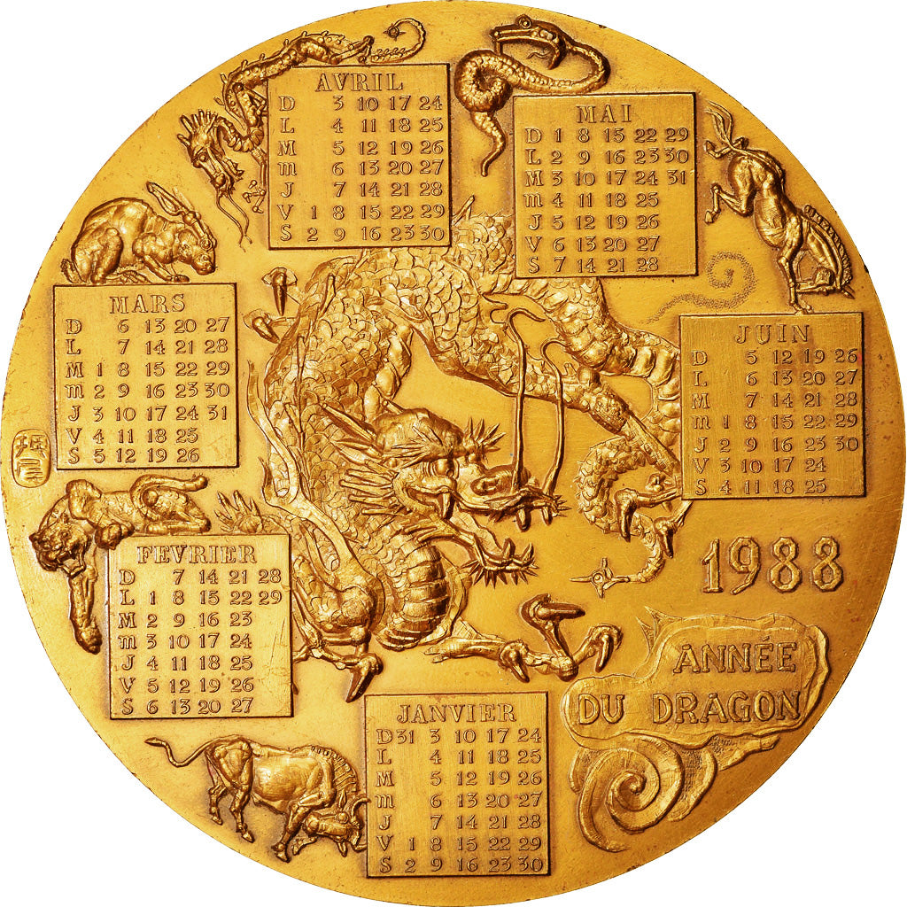 France, Medal, Calendrier Chinois, Année du Dragon, 1988, Oshio, MS(63), Bronze