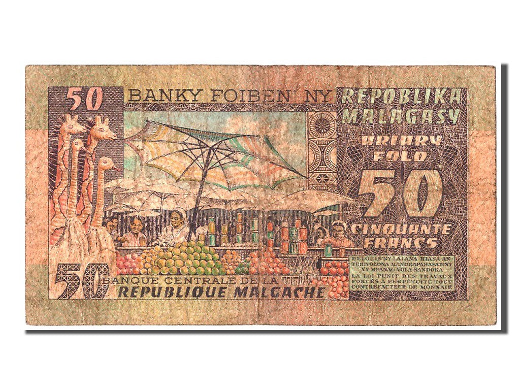 Madagascar, 50 Francs = 10 Ariary, KM #62a, VF(20-25), A/8 657950