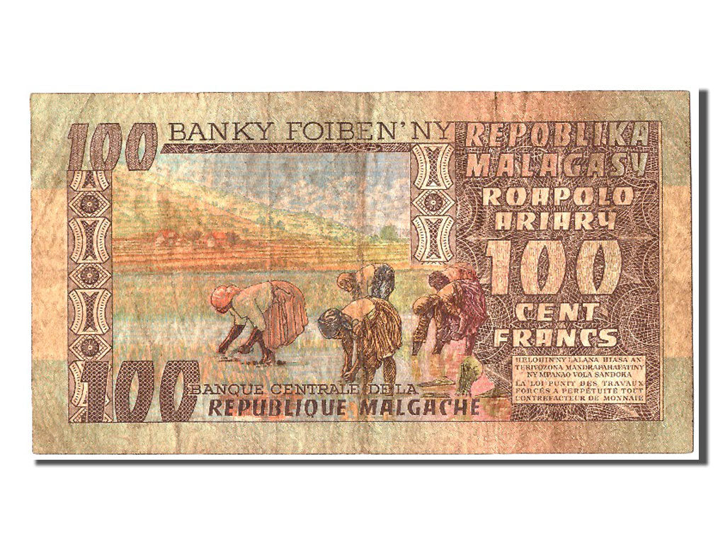 Madagascar, 100 Francs =  20 Ariary, KM #63a, VF(20-25), A/68 357909