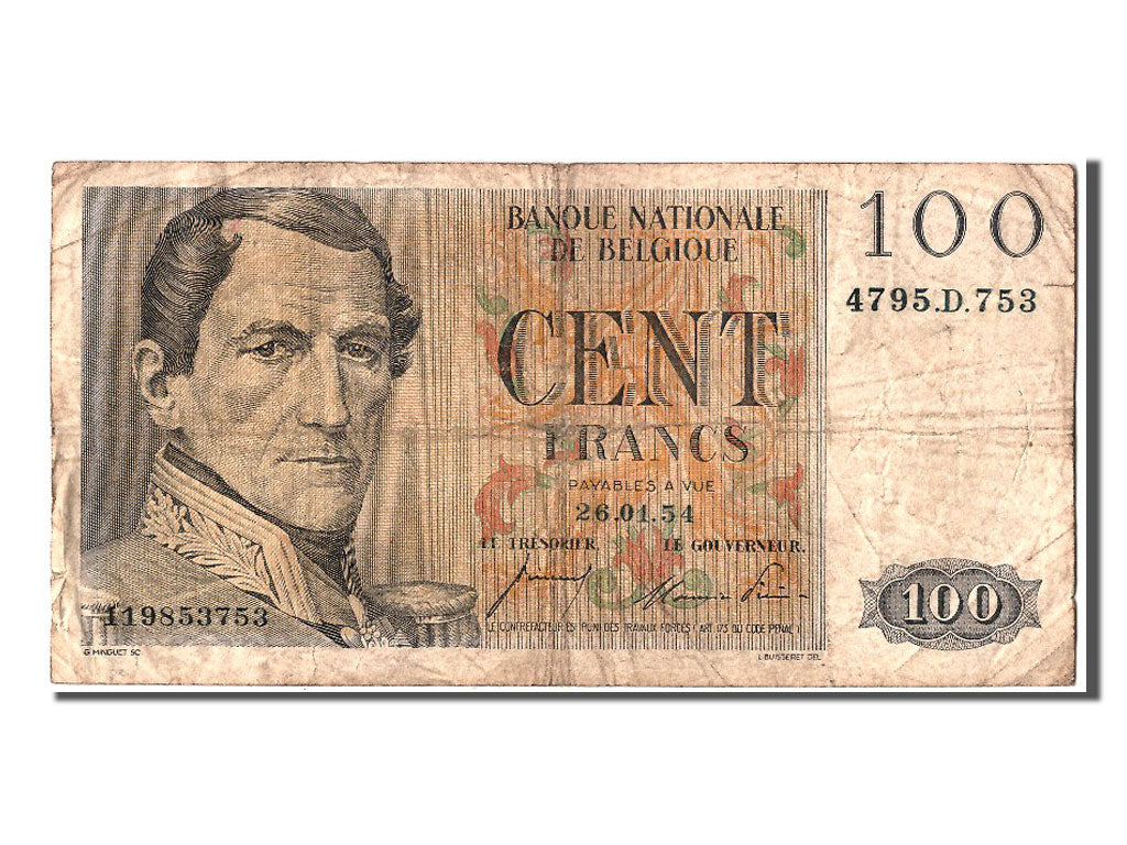 Belgium, 100 Francs, 1954, KM #129b, 1954-01-26, VF(20-25), 4765.D.753