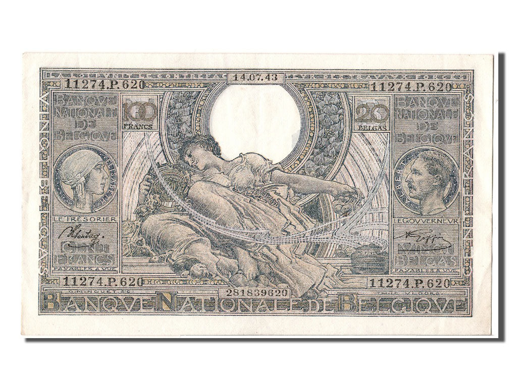 Belgium, 100 Francs-20 Belgas, 1943, KM #107, 1943-07-14, UNC(60-62),...