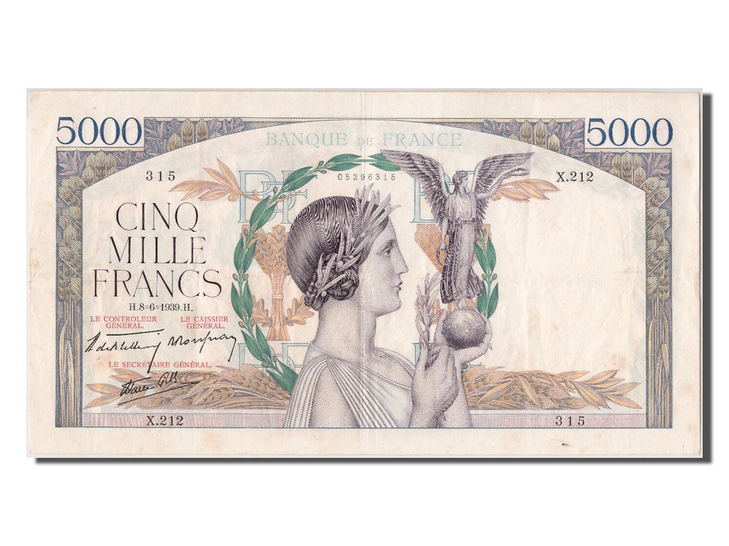 France, 5000 Francs, Victoire, 1939, AU(55-58), Fayette:46.7, KM:97a