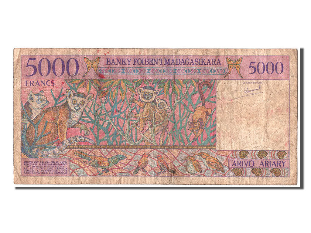 Madagascar, 5000 Francs = 1000 Ariary, KM #78a, VF(20-25), A15487156