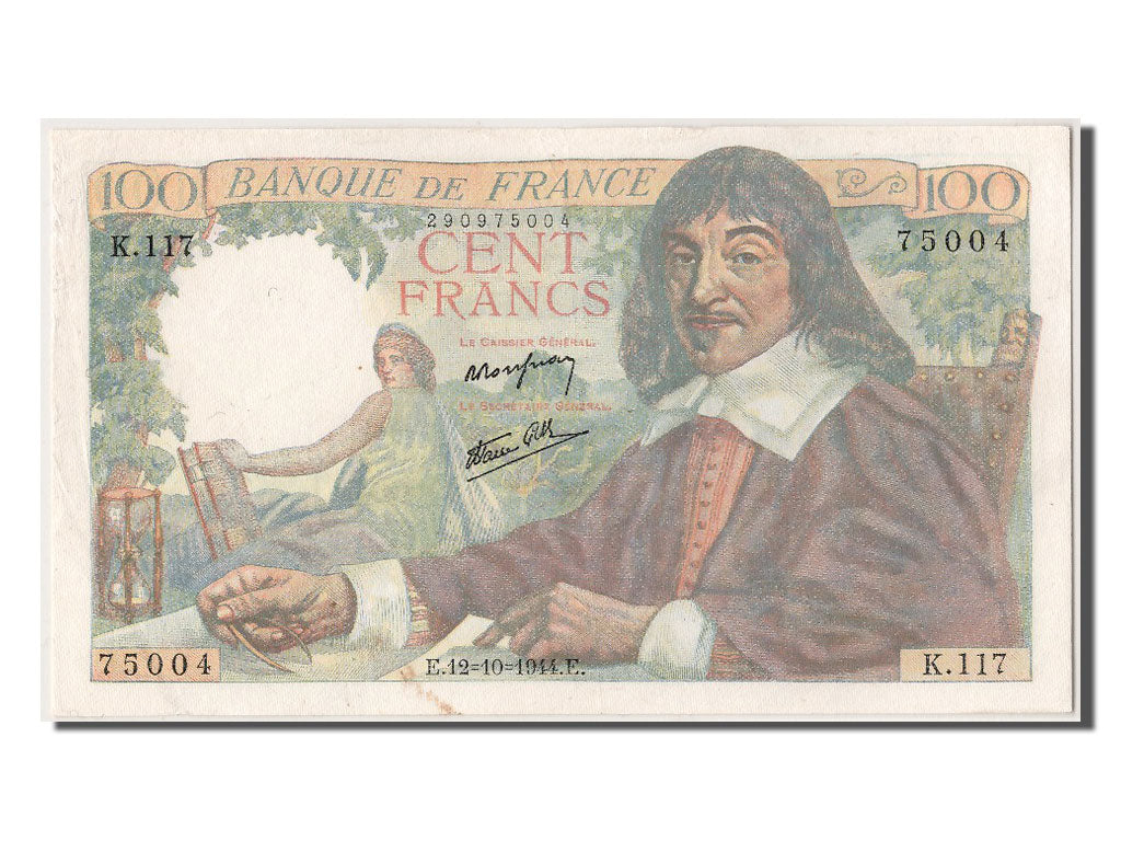 Francia, 100 Francs, 100 F 1942-1944 ''Descartes'', 1944, 1944-10-12, BB+, Fa...
