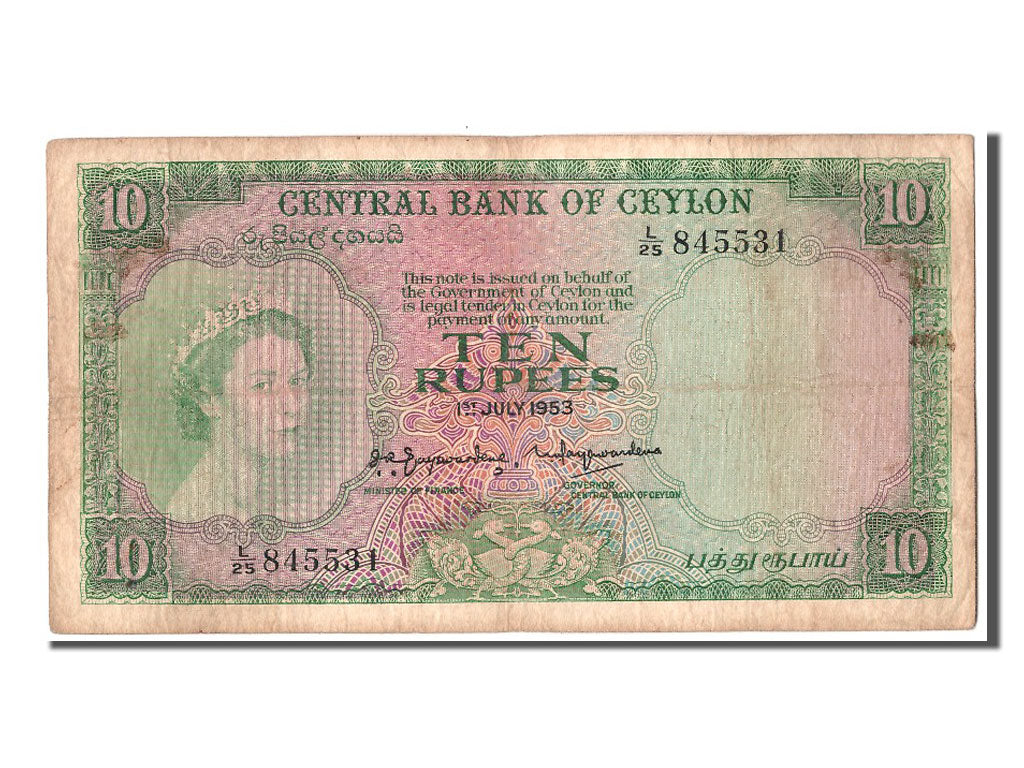 Ceylon, 10 Rupees, 1953, KM #55, 1953-07-01, VF(30-35), L/25 845531