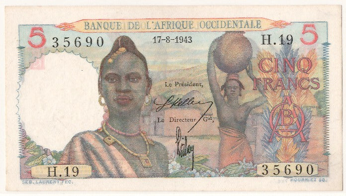 French West Africa, 5 Francs, 1943, KM #36, 1943-08-17, UNC(65-70), H.19 35690