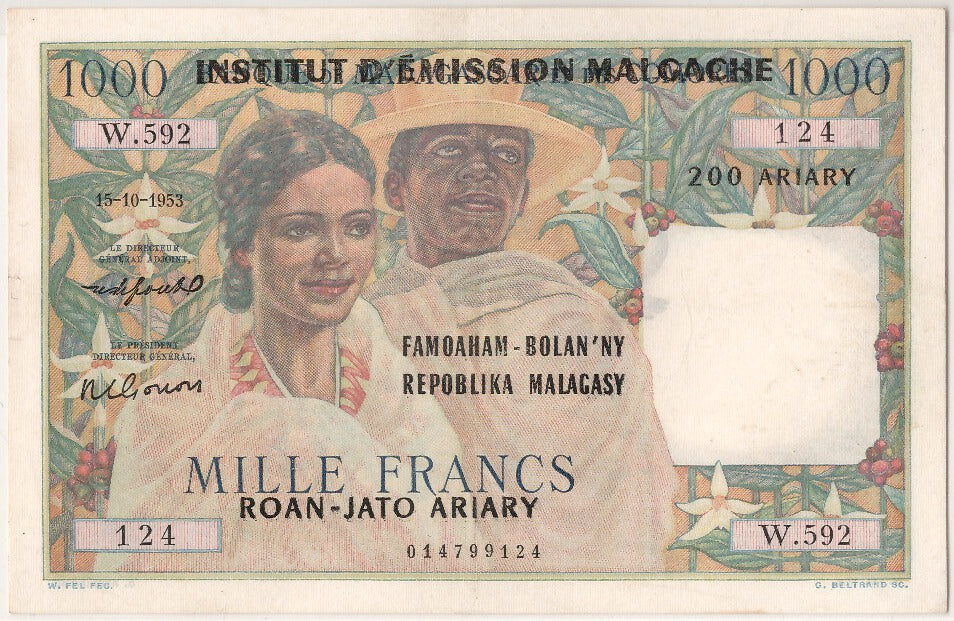 Madagascar, 1000 Francs = 200 Ariary, 1953, KM #54, UNC(60-62), W.592 124