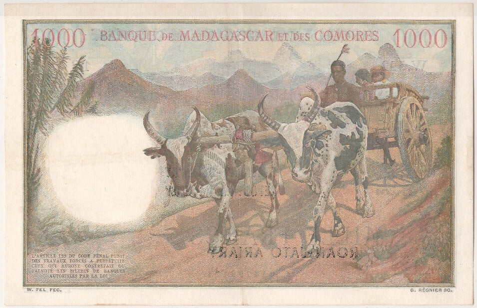 Madagascar, 1000 Francs = 200 Ariary, 1953, KM #54, UNC(60-62), W.592 124