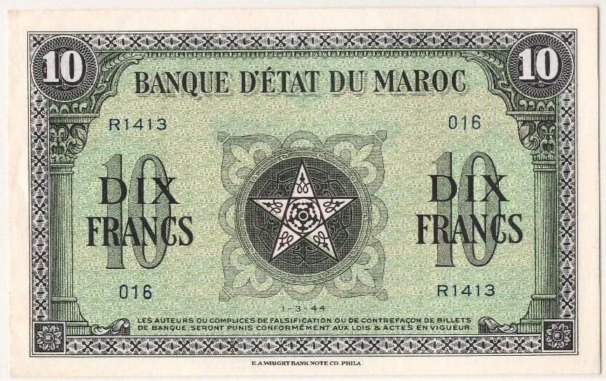 Morocco, 10 Francs, 1944, KM #25a, 1944-03-01, UNC(65-70), R1413 016