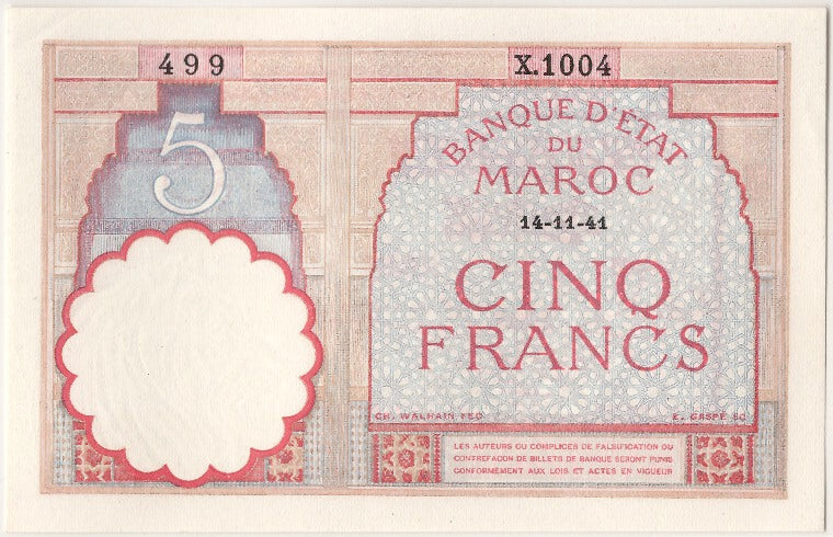 Morocco, 5 Francs, 1941, KM #23Ab, 1941-11-14, UNC(63), X.1004 499