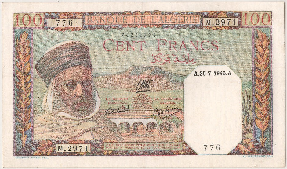Algeria, 100 Francs, 1945, KM #88, 1945-07-20, AU(55-58), M.2971 776
