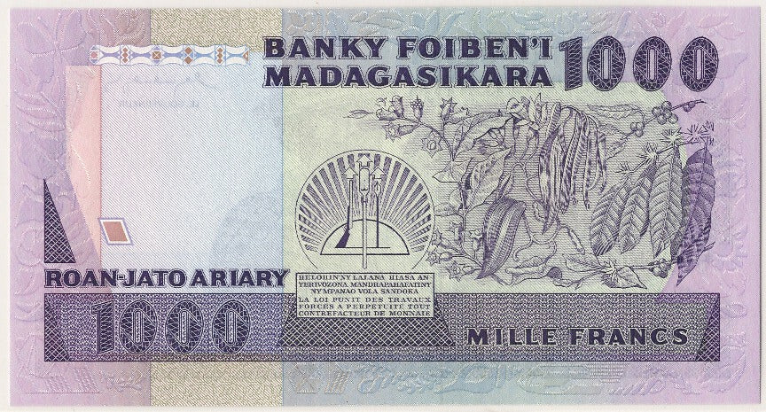 Madagascar, 1000 Francs = 200 Ariary, KM #68a, UNC(65-70), A/2 082571