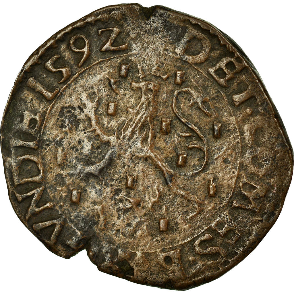 Moneta, Francia, Double Denarius, 1592, Dole, BB, Rame