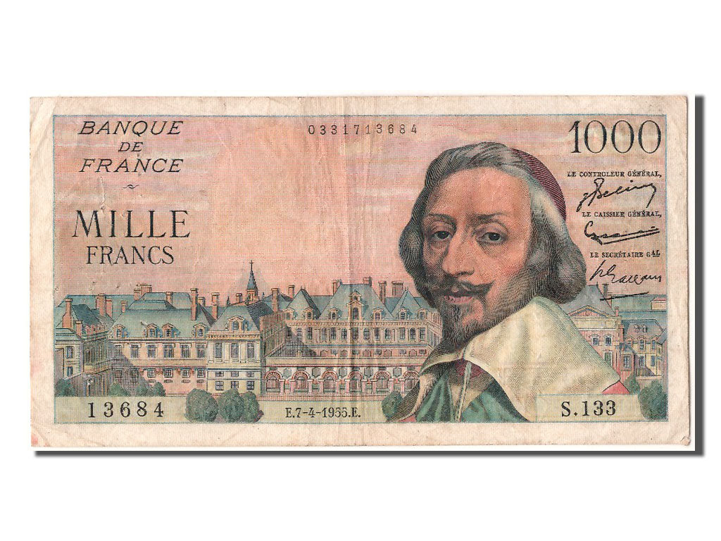 France, 1000 Francs, 1 000 F 1953-1957 ''Richelieu'', 1955, KM #134a,...