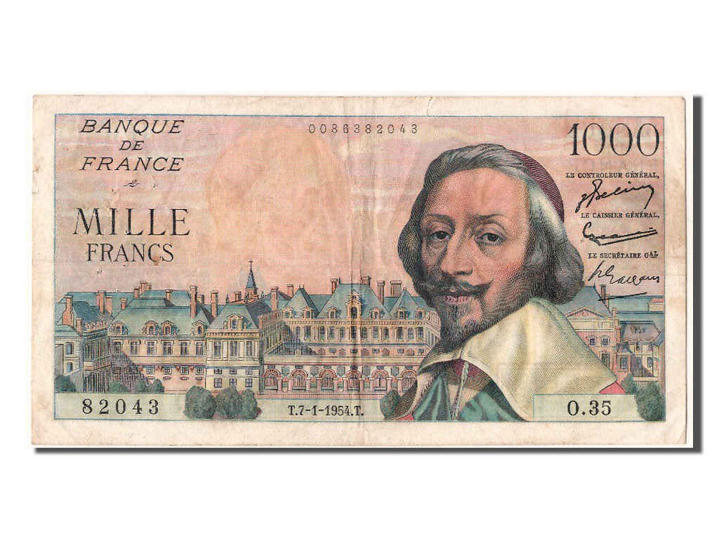 France, 1000 Francs, 1 000 F 1953-1957 ''Richelieu'', 1954, KM #134a,...