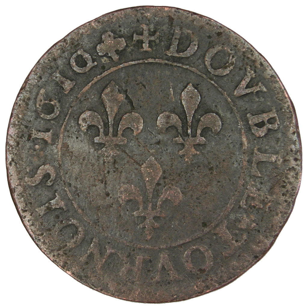 FRANCE, Double tournois, buste enfantin, Double Tournois, 1610, Lyon, KM #43.2,.