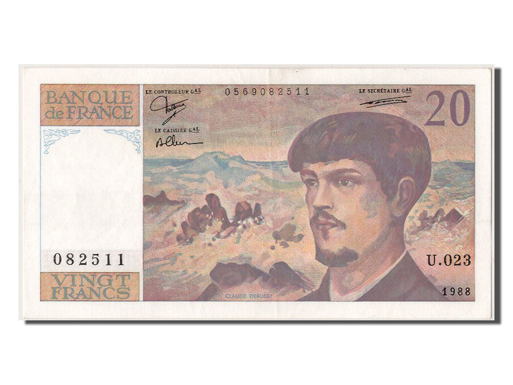 France, 20 Francs, 20 F 1980-1997 ''Debussy'', 1988, KM #151c, AU(55-58), U.023.