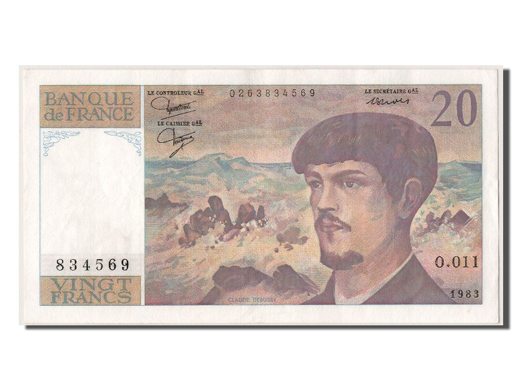 France, 20 Francs, 20 F 1980-1997 ''Debussy'', 1983, KM #151a, AU(55-58), O.011.