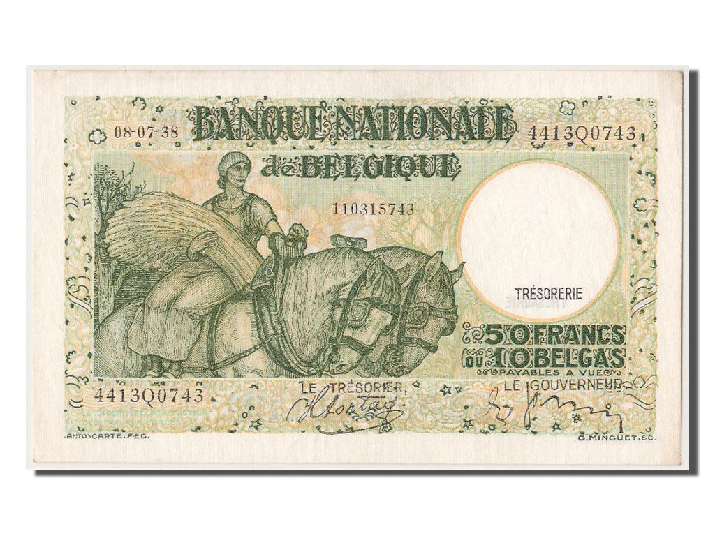Belgium, 50 Francs-10 Belgas, 1938, KM #106, 1938-07-08, UNC(60-62), 4413Q0743