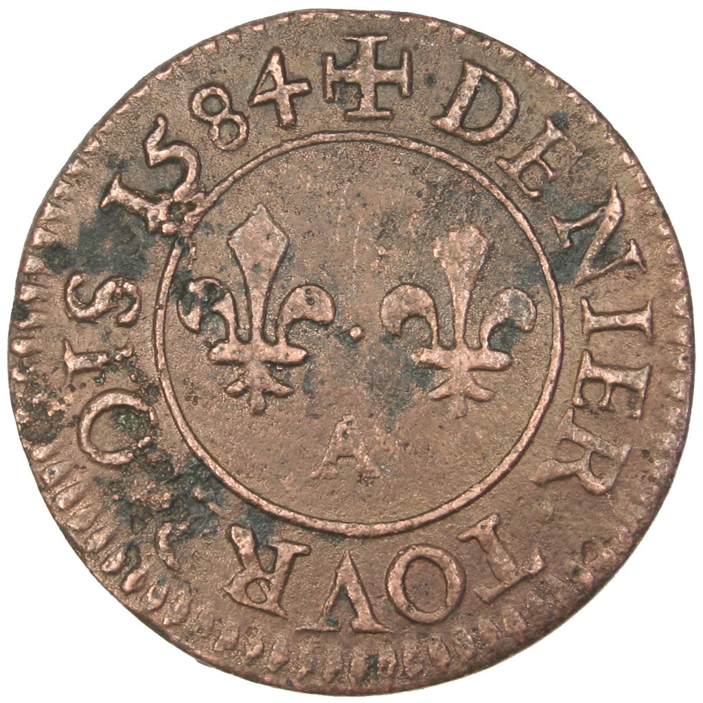 FRANCE, Denier Tournois, 1584, Paris, VF(30-35), Copper, CGKL #90, 1.34