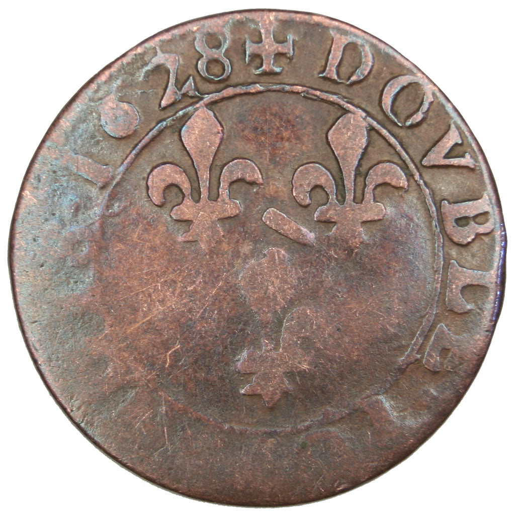 FRANCE, Double Tournois, 1628, Trévoux, VF(20-25), Copper, CGKL #728, 1.92