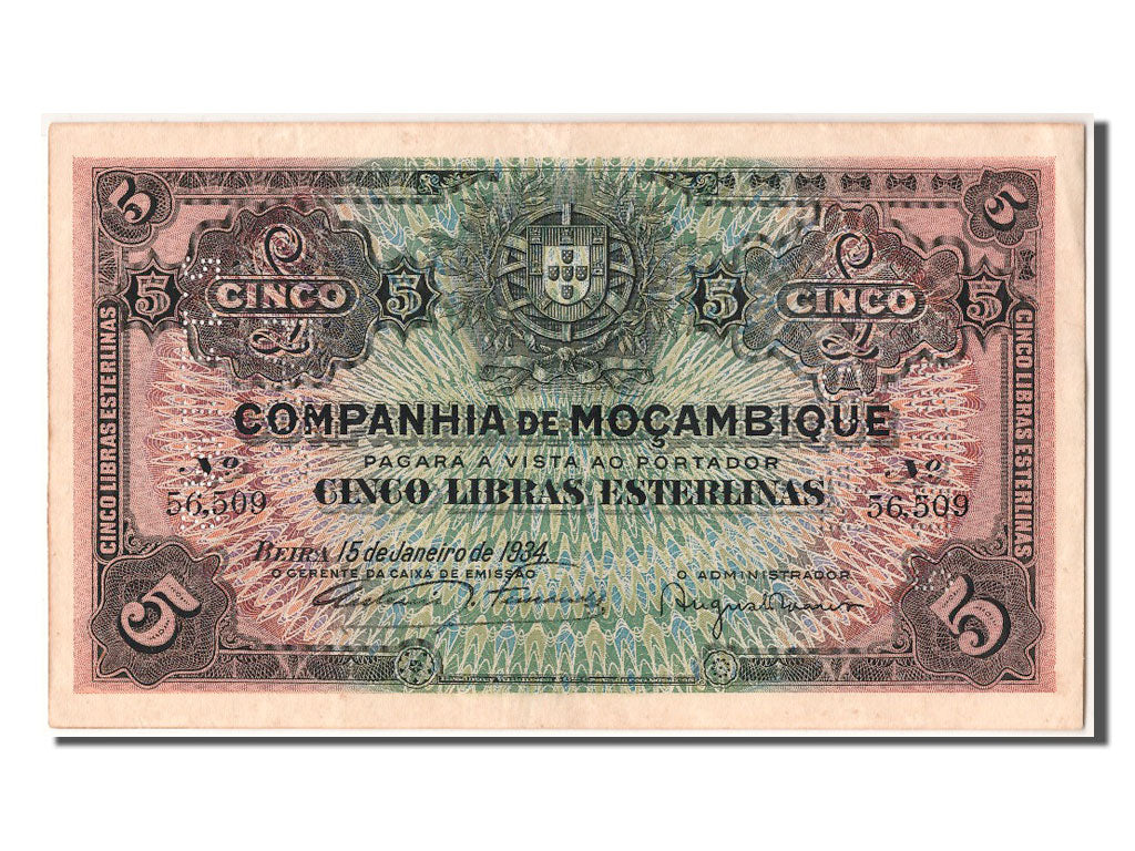 Banknote, Mozambique, 5 Libras, 1934, 1934-01-15, AU(55-58)