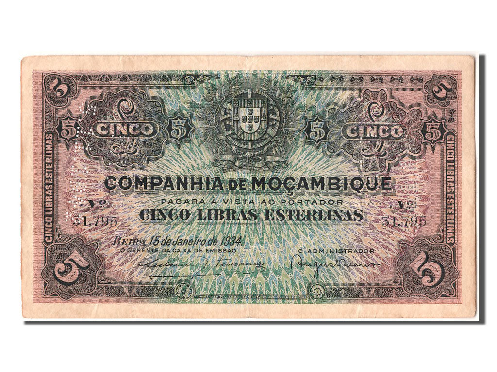 Banknote, Mozambique, 5 Libras, 1934, 1934-01-15, EF(40-45)