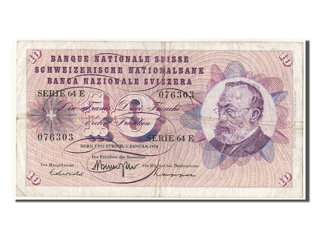 Switzerland, 10 Franken, 1970, KM #45p, 1970-01-05, VF(30-35), 64 E 076303