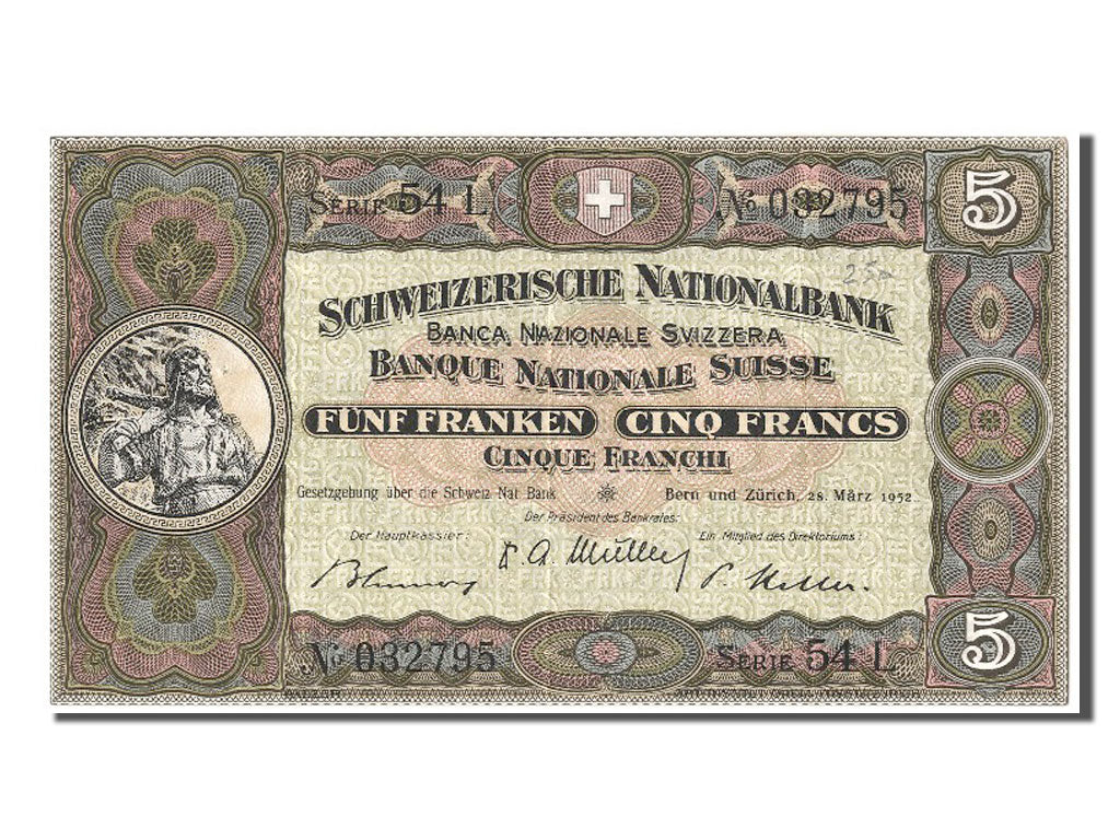 Switzerland, 5 Franken, 1952, KM #11p, 1952-03-28, AU(55-58), 54 L 032795